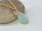 Aqua Chalcedony 16x23mm, Pink Chalcedony 8mm Beautiful Pear Faceted Micron Gold Plated 925 Sterling Silver Necklace, Christmas Gift Necklace